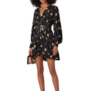 $415 Maje Floral Bohemian Mini Dress Womens Size 34 V Neck Long Puff Sleeves NWT